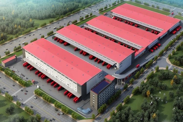 Almacén industrial de estructura de acero para producción y almacenamiento.