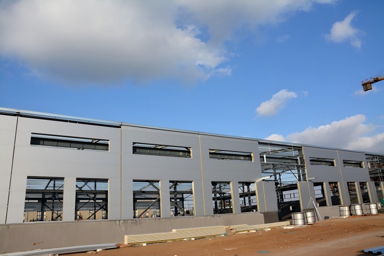 Construcción de edificios con estructura de acero para almacenamiento y sala de exposición.