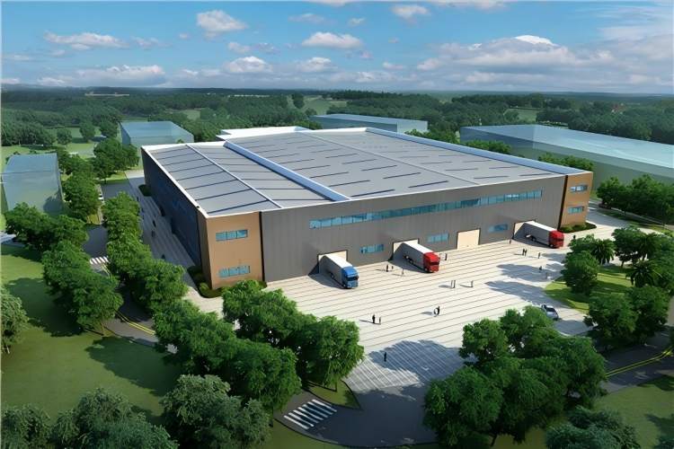 Almacén industrial de estructura de acero para producción y almacenamiento.