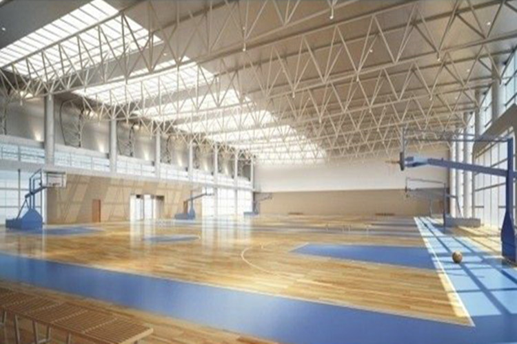 Disposici&oacute;n interior del gimnasio con estructura de acero de gran envergadura
